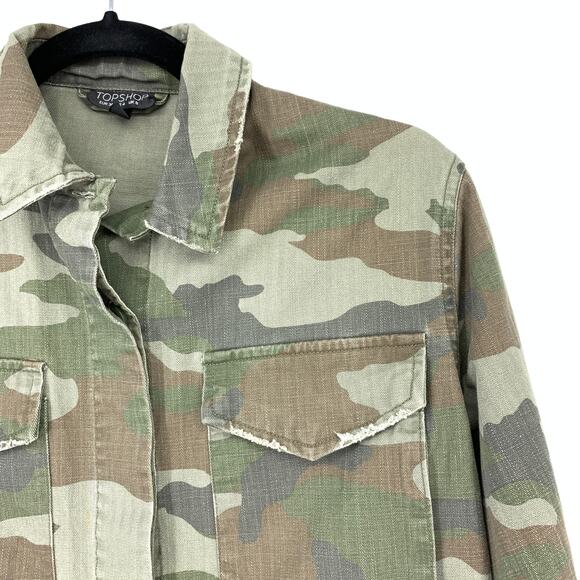 Topshop Women's Size 4 Green Jacket Camouflage Print Collared Front Pockets - Picture 2 of 8